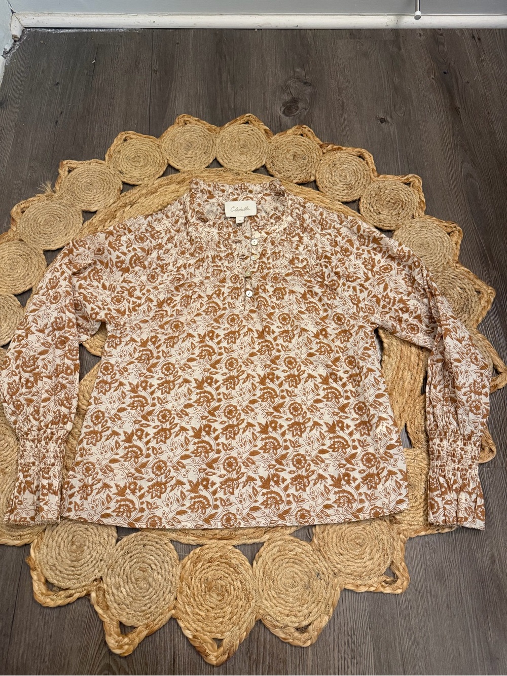 Cleobella Brown and Cream Floral Button-Front Blouse